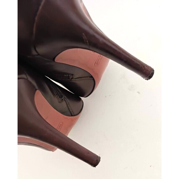 Coach Sondra Choc Brown Leather Heeled Bootie Gold Logo Buckle Strap Side Zip 9M - Picture 6 of 12